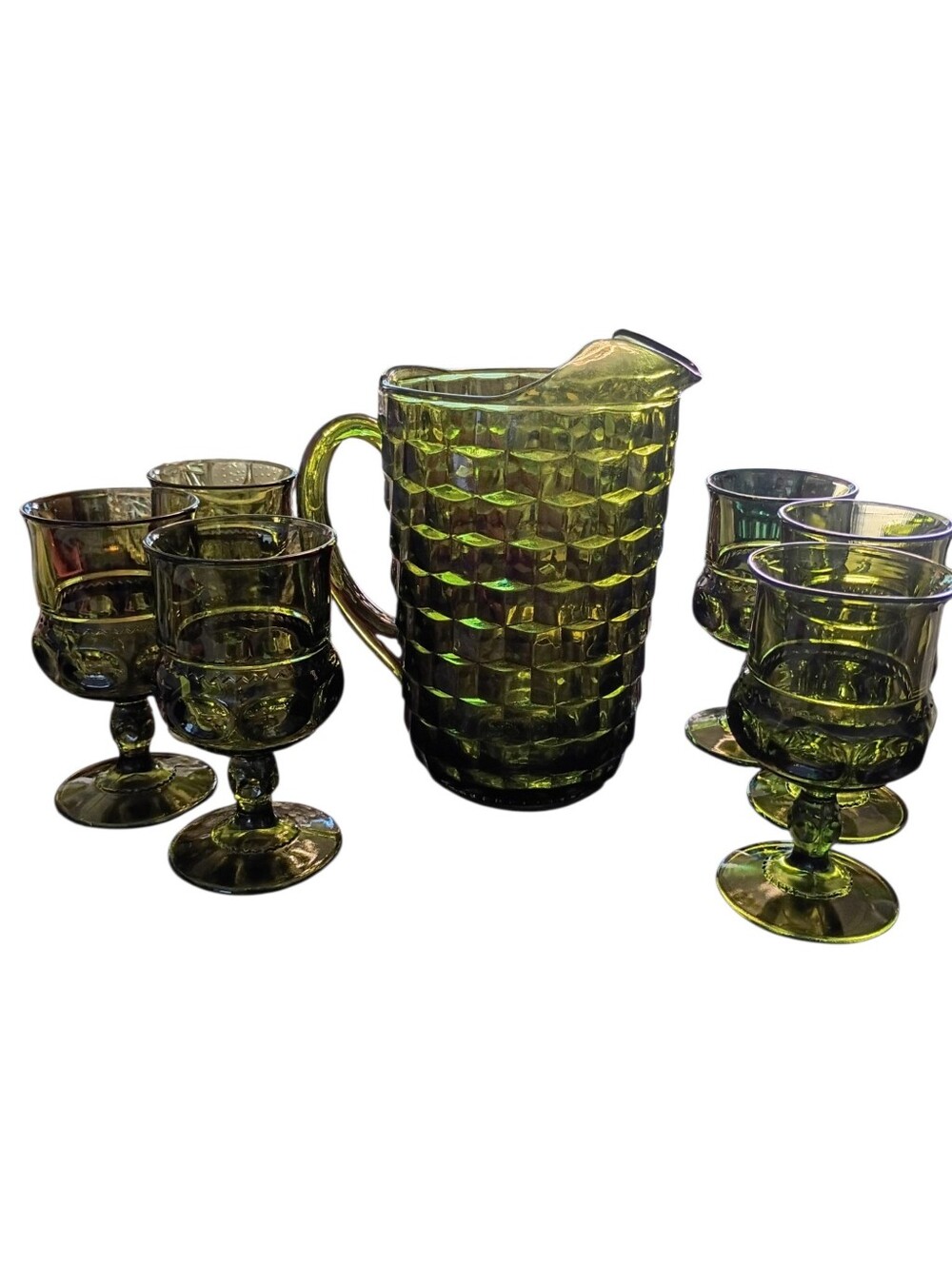 Indiana Colony Whitehall Avacodo Pitcher with 6 Goblets Vintage